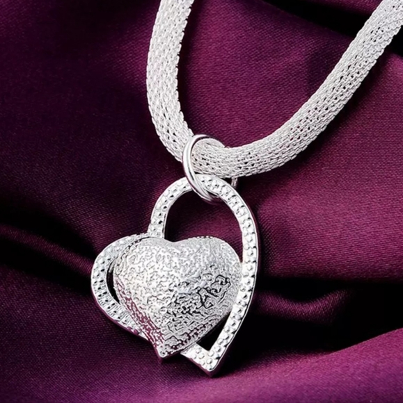 Silver Plated Double Heart Pendant Women's Necklace - Picture 2 of 10